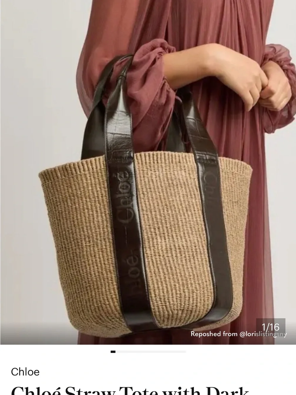 Chloe Tan Straw Tote with Dark Brown Leather Straps